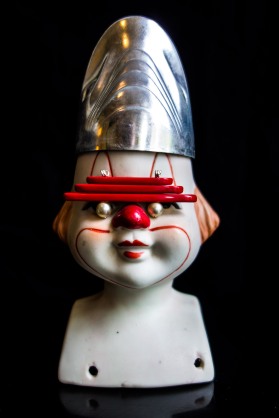 Robot Clown (Assembled 1980s biscuit ceramic, plastic, faux pearls)