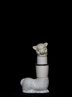 Mimi Berlin 2014. Lamb Longneck.(Assembled glass perfume bottle with plastic head, signed: Avon/plastic/metal) 7 x 11 cm